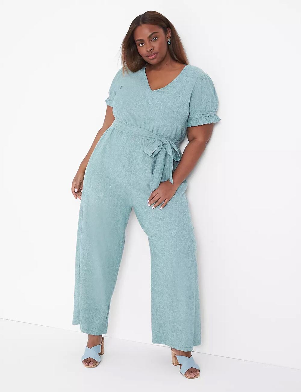 Lane Bryant V neck short Puff-Sleeve Linen Jumpsuit in green size 22